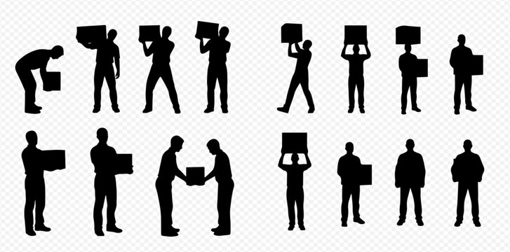 Set of black silhouettes of people carrying and handling boxes, depicting various actions like lifting, holding, and delivering packages.