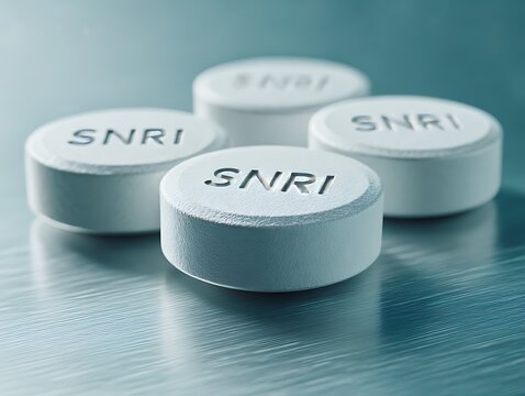 Macro view of SNRI tablets, symbolizing dual-action neurotransmitter regulation, clinical relief for chronic pain, and advanced emotional stability in psychiatry.