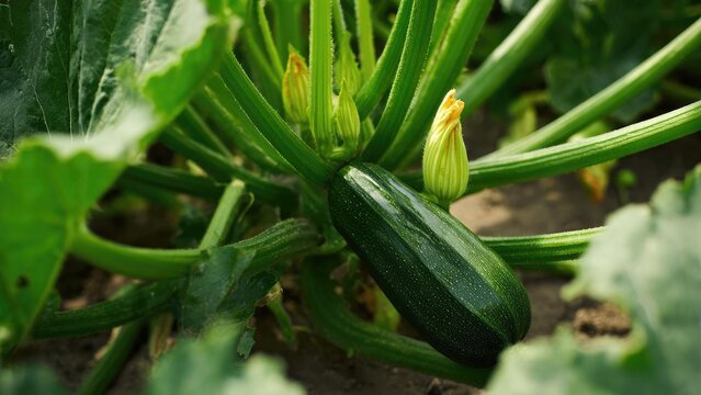 A green zucchini growing on a vine with yellow flower blossoms. Concept Green zucchini on vine, Yellow squash blossoms, Garden scene, Homegrown produce, Summer harvest
