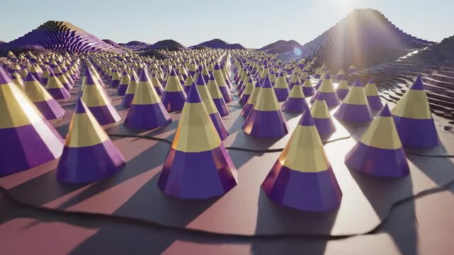 Sweeping aerial over an abstract topographic landscape featuring rows of geometric, brightly colored cone-shaped trees in purple and gold hues hues, inspiration, vibrant