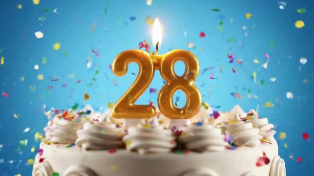 A festive birthday cake with a lit candle celebrates the special milestone. Decorations like confetti and vibrant colors enhance the sense of occasion.