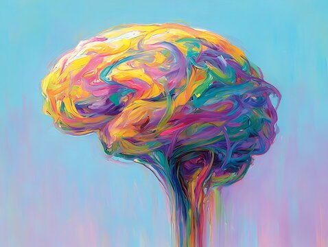 Abstract oil painting of a colorful tangled brain, symbolizing neurodiversity, autism spectrum, sensory processing, cognitive complexity, and unique minds.
