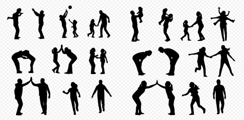 Collection of diverse family and individual silhouettes in various poses and interactions, depicting different activities and relationships.