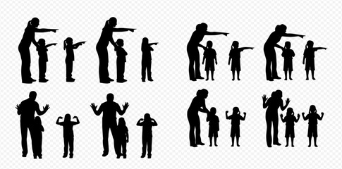 Fototapeta premium Silhouettes of parents and children in various poses, including pointing, standing, and flexing muscles, on a transparent background.