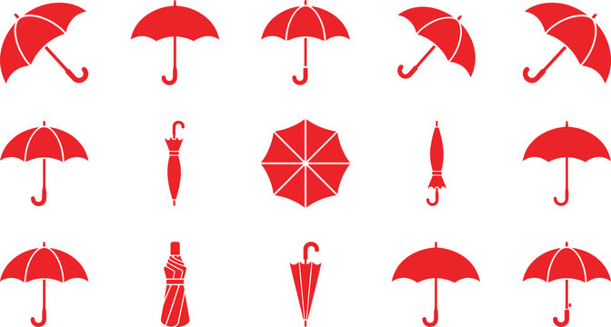Red umbrella icon set with fifteen unique styles including open, closed, and top-down views in grid layout.