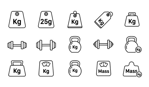 Kg weight measurement and fitness line icon set with dumbbells kettlebells and scale symbols