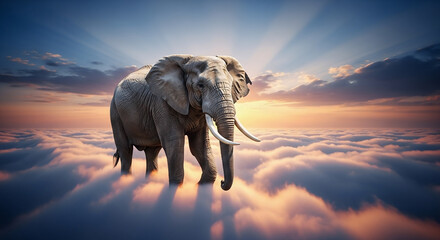 Obraz premium Elephant Walking on Clouds in a Surreal Fantasy Sky