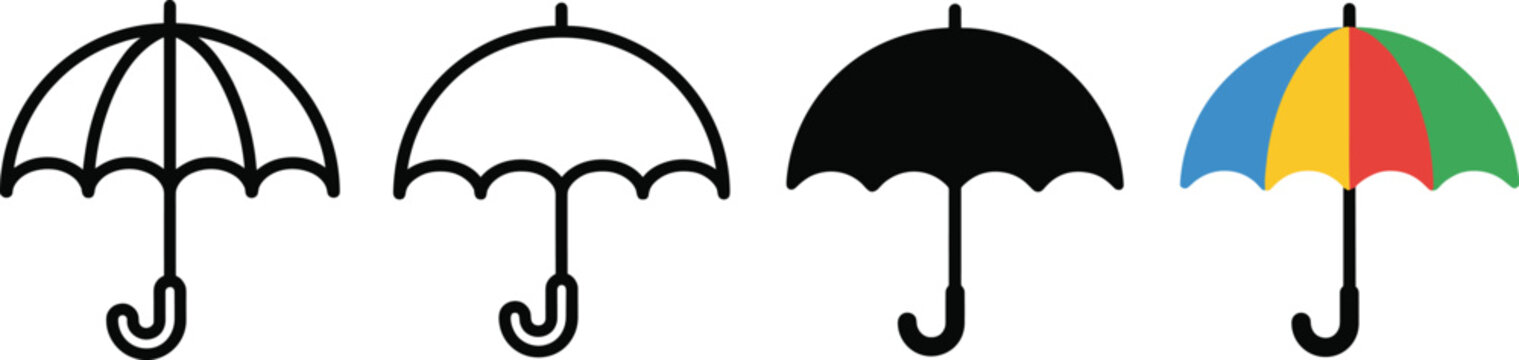 Umbrella icon set with four distinct styles including outline, silhouette, and multicolor scalloped canopy designs.