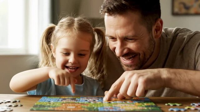 A heartwarming scene of a father and daughter enjoying a jigsaw puzzle, symbolizing quality time and family bonding.