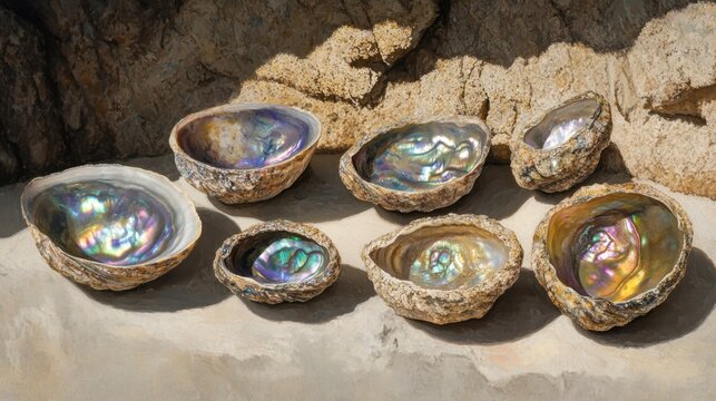 An assortment of polished abalone shells showcasing iridescent mother of pearl interiors with textured exteriors arranged on a stone surface
