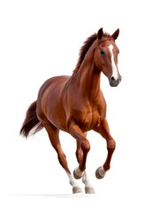 Obraz premium A stunning brown horse galloping freely against a clean white background. This image captures the beauty and power of horses in motion. Ideal for horse lovers, sports, and nature enthusiasts. AI