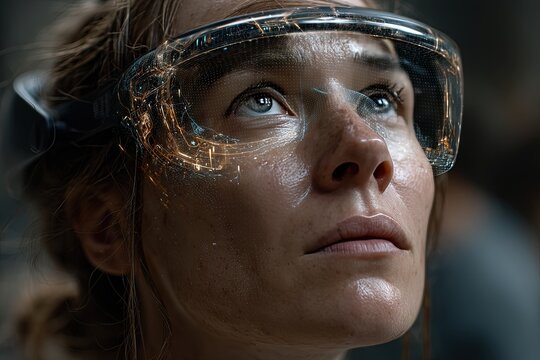 The future is already here. Young woman wearing augmented reality glasses. The young woman showcases the fusion of technology and life with her augmented reality glasses.