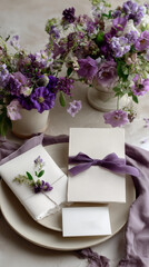 Wedding invitation set: flat lay of elegant cards, craft envelopes, and paper invitations. Purple ribbons, a name place card, and floral decoration background of purple lilac flowers Vertical top view