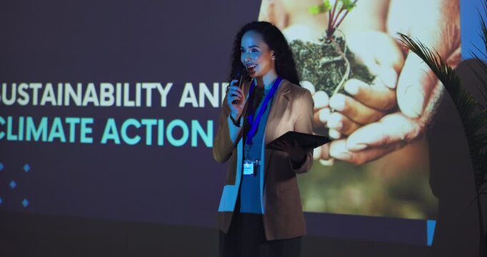 Expo, sustainability and climate change with woman and tablet for conference, environment and speaker. Panel discussion, keynote speech and presentation showcase with person for ngo tradeshow