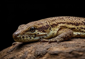 Fototapeta premium Detailed close-up shot capturing the intricate, overlapping scales and rugged skin texture of a vibrant reptile basking on a rough surface ,wildlife ,wild animal ,jungle