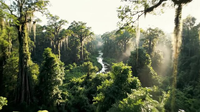 Sweeping drone panoramic view rotates slowly above the massive green canopy of a lush, primordial swamp landscape under soft diffused sunlight immersive, equirectangular, misty morning