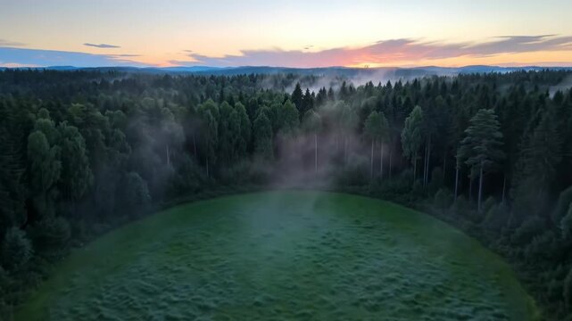 Sweeping drone shot over a pristine circular forest clearing surrounded by lush temperate evergreen trees during early morning twilight perspective, mindfulness, vastness