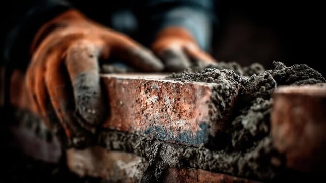 Hands in gloves building wall with cement and bricks, construction site