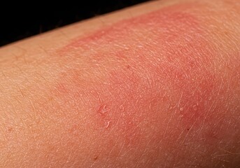 Fototapeta premium Extreme close-up of severely sunburnt skin, displaying painful redness and early signs of peeling damage from intense summer heat exposure ,care ,inflammation ,dry