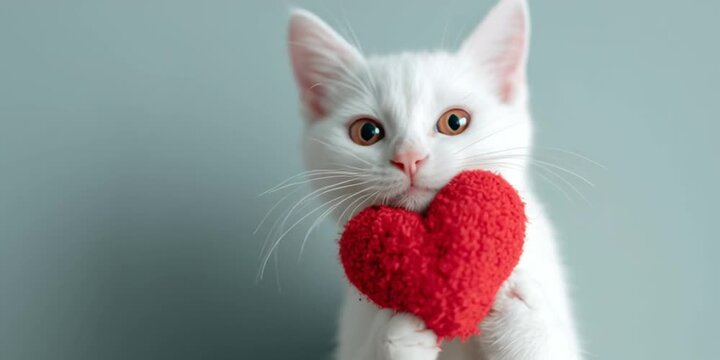 A white cat holding a red heart in a loving gesture in a video about animal affection