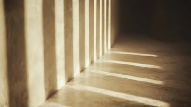 Warm sunlight stripes casting strong parallel patterns on a textural concrete wall and floor, creating an abstract background of light and shadow evoking hope
