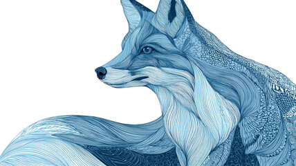 Fototapeta premium Decorative blue fox with artistic floral patterns in watercolor style on light background