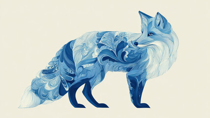 Fototapeta premium Stylized blue fox illustration with ornamental patterns in watercolor style on light background