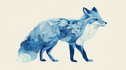Fototapeta premium Stylized blue fox illustration with ornamental patterns in watercolor style on light background