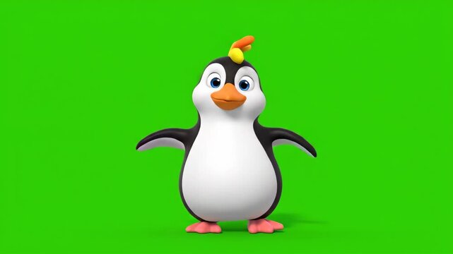 Animated Penguin Character Waving Arms And Walking On Green Screen Background With Bright Lighting And Playful Cartoon Style