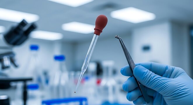 Scientist holding test tube with red liquid.