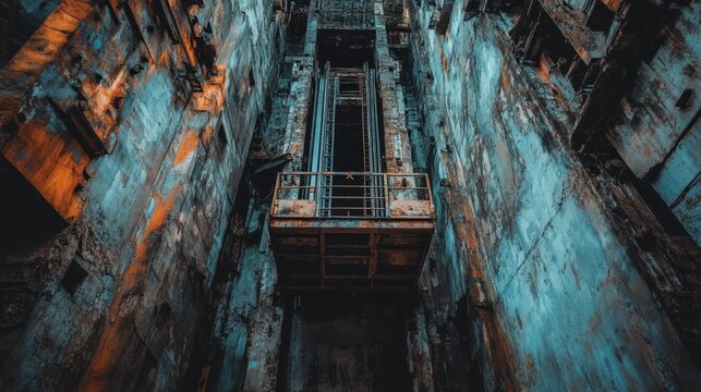 An industrial elevator platform is stuck mid-air within a decaying vertical shaft of an abandoned building