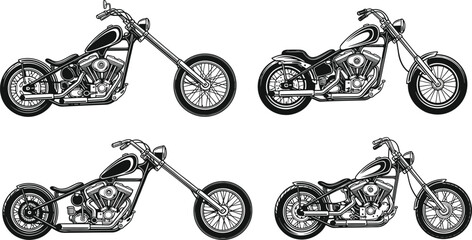 Set of vintage custom chopper motorcycles vector illustrations, classic hand drawn motorbike silhouettes, retro engine designs for biker apparel and garage posters © Bulbuli