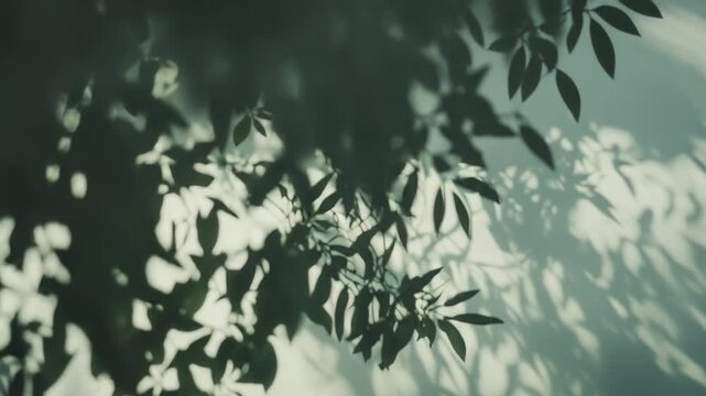 Plants creating organic leaf patterns and dappled light shadows on a light colored outdoor concrete wall, reflecting natural beauty and tranquil summer feeling