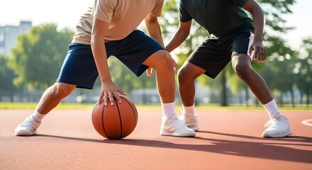 Two young boys playing basketball on an outdoor court, dribbling the ball during a sunny day.