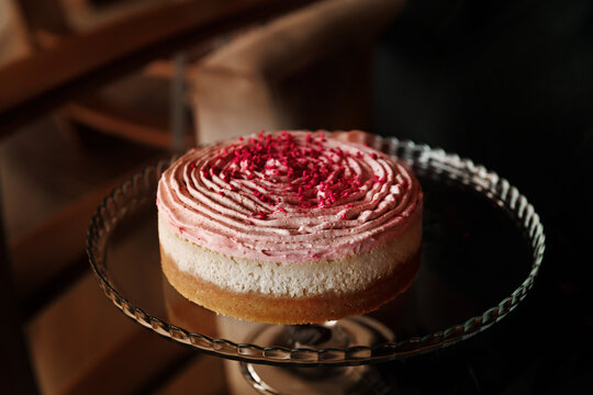 Pie, cheesecake with raspberries and blackberries, mascarpone cheese. Piece of cheesecake, sweet dessert with berries