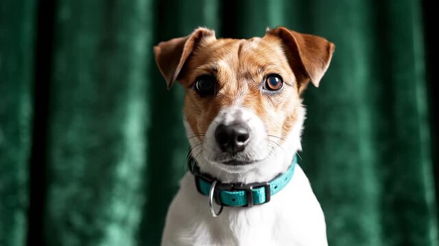 Dog with blue collar on green background
