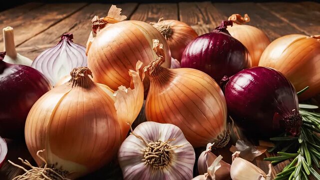 Onions garlic and rosemary on wooden table