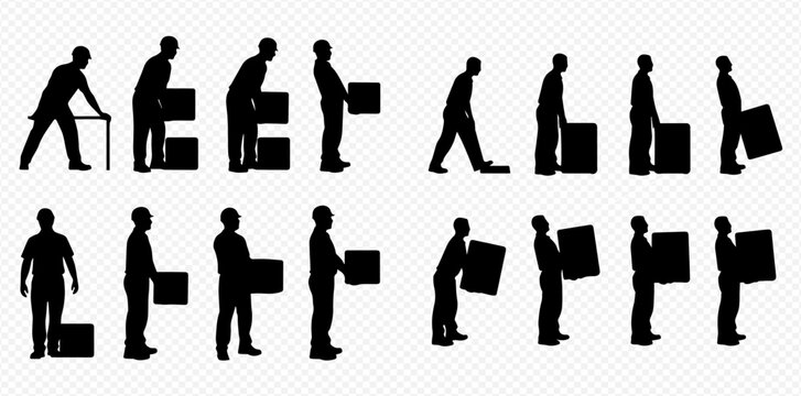 Silhouette set of people demonstrating correct and incorrect lifting techniques for boxes, emphasizing safety and ergonomics.