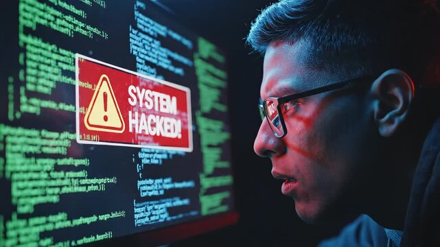 Man viewing system hacked alert on computer screen