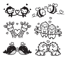 Obraz premium Cute love couples doodle icons set black outline vector illustration isolated on white background, Adorable romantic cartoon characters with hearts art vector illustration isolated on white background