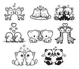 Obraz premium Cute love couples doodle icons set black outline vector illustration isolated on white background, Adorable romantic cartoon couples with hearts vector illustration isolated on white background