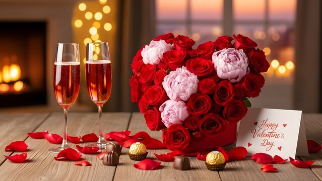 Valentine&rsquo;s Day Still Life with Red Roses and Chocolates and wine 