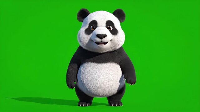 Cute Panda Character Waving Hand on Green Screen Background