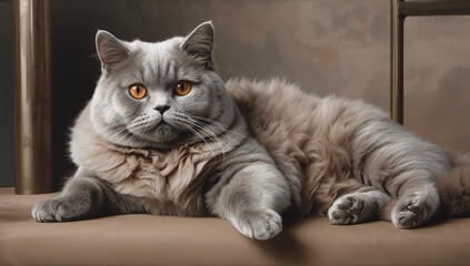 A serene modern still life of a British Shorthair cat with silver fur and amber eyes, captured in exquisite detail against minimalist decor, highlighting elegance, precision, and refined beauty.