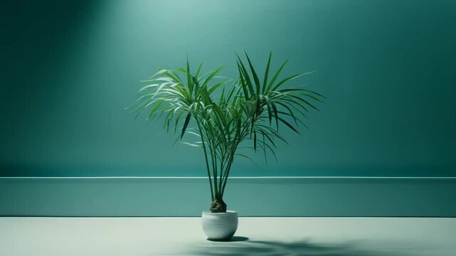 Small green plant in a white pot creating a minimalist interior design element, illuminated by a single spotlight against a clean teal wall, providing a serene and fresh atmosphere