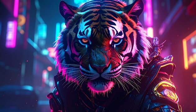 A fierce tiger, rendered in a cyberpunk aesthetic, gazes intently forward. Its glowing eyes contrast the vibrant neon city backdrop