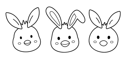 Obraz premium Baby chick face easter coloring book illustration. Chicks decorated with rabbit ears outline. Cute chick head coloring page template set. Transparent Background. SVG.