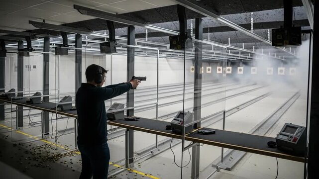 Man aims handgun at targets in an indoor shooting range. Smoke billows from the impact zone