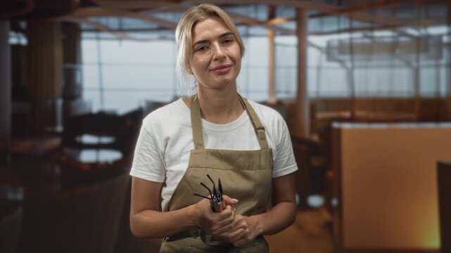 Young blonde woman wearing an apron holding a hand cultivator with hands visible in restaurant interior; calm care.