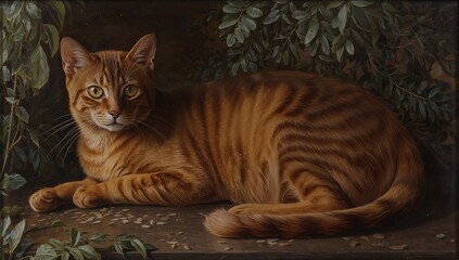 A poised Abyssinian cat with russet and golden ticked fur lounges among lush foliage, bathed in soft sunlight, captured in exquisite detail with elegance and serene beauty.